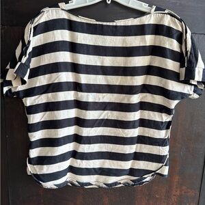Zara 100% Linen Black and Beige Striped Short Sleeve Top